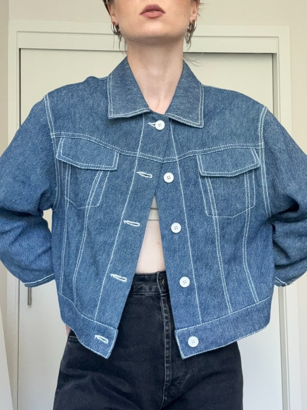 Hache Cropped Denim Jacket With Contrast Stitching
